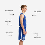 Back view of the blue and white youth basketball uniform showing back number placement on the royal blue sublimated jersey