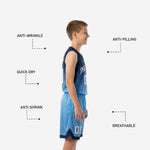 Back view of custom blue and white youth basketball jersey showing back name and number in white with navy outline above sky-blue gradient hem
