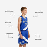 Back view of royal blue youth basketball uniform showing back number placement and white diagonal sash continuing across the shorts