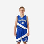 Blue and white youth basketball uniforms front and back view showing royal blue jersey with diagonal white sash and matching shorts with team name and number 00