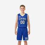 Blue and white youth basketball uniforms showing royal blue jersey with arched team name and number 00 plus matching shorts front and back
