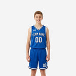 Blue and white youth basketball uniforms full set front and back view showing royal blue jersey and matching shorts with white contrast trim