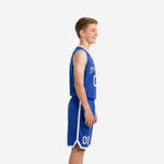 Front view of royal blue custom youth basketball uniform with white V-neck trim, arched team name, and front number 00 on the jersey