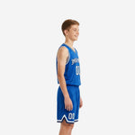 Front view of custom blue and white youth basketball uniform with arched team name and number 00 on royal blue jersey