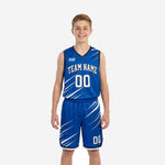 Blue and white youth basketball uniforms with diagonal slash pattern - royal blue jersey and matching shorts full set front view