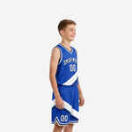 Front view of custom blue and white youth basketball uniform with royal blue V-neck jersey diagonal white sash and player number 00 on the chest