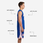 Close detail of blue and white youth basketball shorts showing white side panel red trim stripe elastic waistband drawcord and front number placement