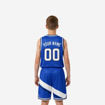 Right side view of custom blue and white youth basketball uniform showing matching shorts sash panel and elastic waistband detail