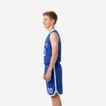 Side view of blue and white youth basketball uniform showing white side-panel stripe running the full length of the jersey and shorts