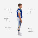 Back view of custom blue and white youth football uniforms showing back number nameplate area royal blue body with white side panels and white pants with gold blue leg stripe