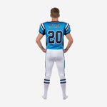 Back view of blue and white youth football uniform showing back number placement and navy shoulder panel design in youth sizes