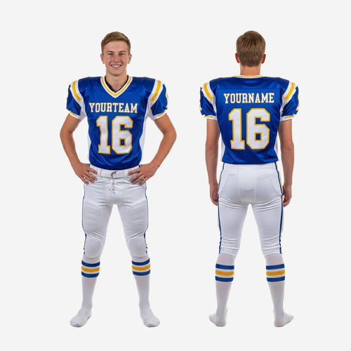 Detail view of blue and white youth football uniform showing V-neck collar gold banding shoulder panel accent stripes and sublimated front number on royal blue jersey