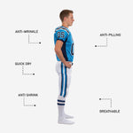 Close detail of sky-blue sublimated youth football jersey showing V-neck white binding navy accent sleeve stripes and front number print zone