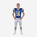 Blue and white youth football uniforms front view showing royal blue jersey with gold V-neck trim white side panels and front number 16 with matching white pants and blue gold leg stripe