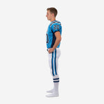 Opposite side view of sky-blue and navy custom youth American football uniform showing sleeve number and matching white pant stripe detail