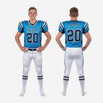 Size and specification chart for custom blue and white youth American football uniforms available in full youth sizes