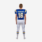 Size and specification sheet for custom blue and white youth football uniforms showing available youth sizes for full roster ordering
