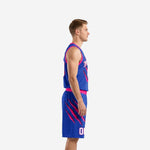 Royal blue and hot pink sublimated basketball uniform set showing side profile of jersey with V-neck pink binding and matching shorts with pink waistband, side view