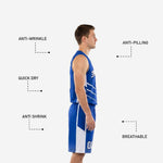 Custom blue basketball uniform back view displaying player name and back number on royal blue sublimated sleeveless jersey