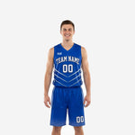 Blue basketball uniforms royal blue two-piece set with white chevron pattern team name and number front and back view