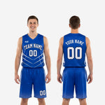 Blue basketball uniform size and specification sheet showing youth and adult sizing range for the royal blue and white set