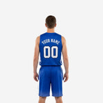 Blue basketball uniform opposite side view showing white contrast side panel on shorts and geometric chevron detail on jersey
