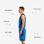 Back view of black and blue reversible basketball uniform showing back number placement and lightning sublimation print
