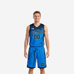 Blue and black reversible basketball uniform blue side front view with lightning pattern on jersey and matching shorts