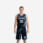 Custom blue reversible basketball uniforms with black lightning graphic shown on black side front and blue side front, full 2-piece set