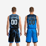 Close-up detail of lightning sublimation print on blue reversible basketball jersey showing blue bolt pattern on black base