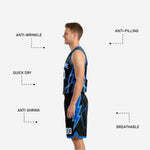 Opposite side view of custom blue reversible basketball uniform displaying shorts side panel and hem trim