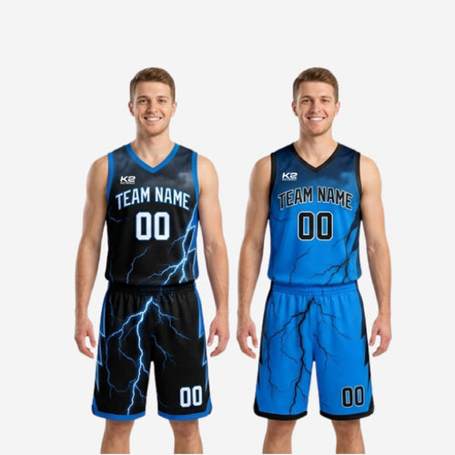 Shorts detail of blue and black reversible basketball uniform with lightning bolt graphic on legs and blue hem trim