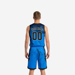 Size and specification sheet for custom blue reversible basketball uniforms showing youth and adult sizing options