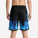 Back view of black and blue sublimated basketball shorts for schools with player number print zone on rear leg panel