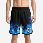 Blue flame basketball shorts for schools in black and blue with white player number 00 on front thigh - front view