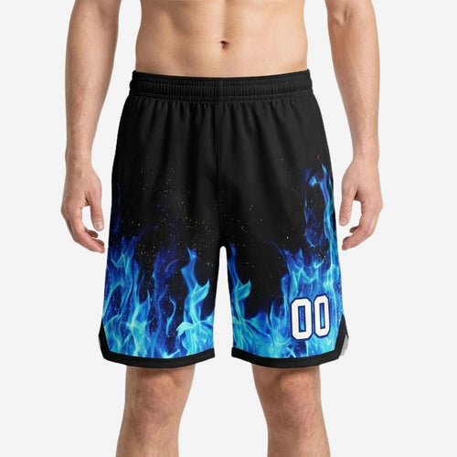 Blue flame basketball shorts for schools in black and blue with white player number 00 on front thigh - front view