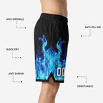 Front and back view of blue flame basketball shorts for teams showing full sublimation across both leg panels and black hem trim