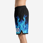 Opposite side view of blue flame custom basketball shorts showing flame graphic wrapping the leg panel and elastic waistband detail