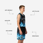 Lightweight youth basketball uniforms with blue flame graphic rising from jersey hem and shorts leg, left side view showing full set