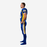 Close side detail of blue and gold football uniform set showing gold-white outer leg stripe on full-length pants and gold side panel on jersey