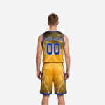 Other side view of the blue and gold reversible basketball uniform set displaying the full lightning bolt sublimation graphic