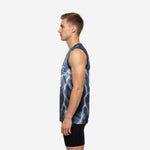 Side view of the blue and gray sublimated basketball jersey showing the continuous lightning pattern across the side panel and straight hem length