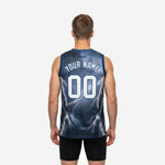 Opposite side view of the navy and charcoal gray lightning basketball jersey highlighting the armhole binding and full-length storm graphic