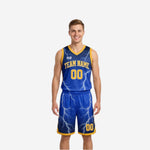 Blue reversible basketball uniforms front view showing royal blue lightning bolt jersey and matching shorts with gold team name and number 00