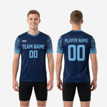 Full sublimation blue soccer training jersey in Navy and Sky Blue, made to order for club squads and school soccer teams, sizes YS to 3XL