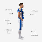 Detail view of blue and white American football uniform showing V-neck white collar trim and sublimated yellow shoulder stripe accent