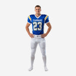 Custom american football team uniforms in royal blue and white with yellow shoulder accents, front view showing chest team name and number 23