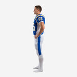 Opposite side view of blue and white custom football uniform set showing sublimated shoulder stripe and matching pant side panel