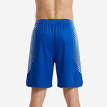 Back view of custom blue and white basketball shorts showing full sublimated design, elastic waistband, and back number placement on male model