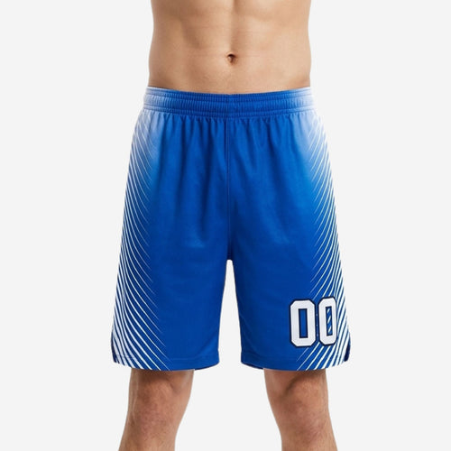Custom blue and white basketball shorts front view showing royal blue base, white radiating ray lines, and bold number at lower left thigh on male model